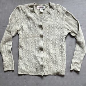 Crystal Kobe Light Gray Lambswool Cable Knit Cardigan Extra Long Sleeves